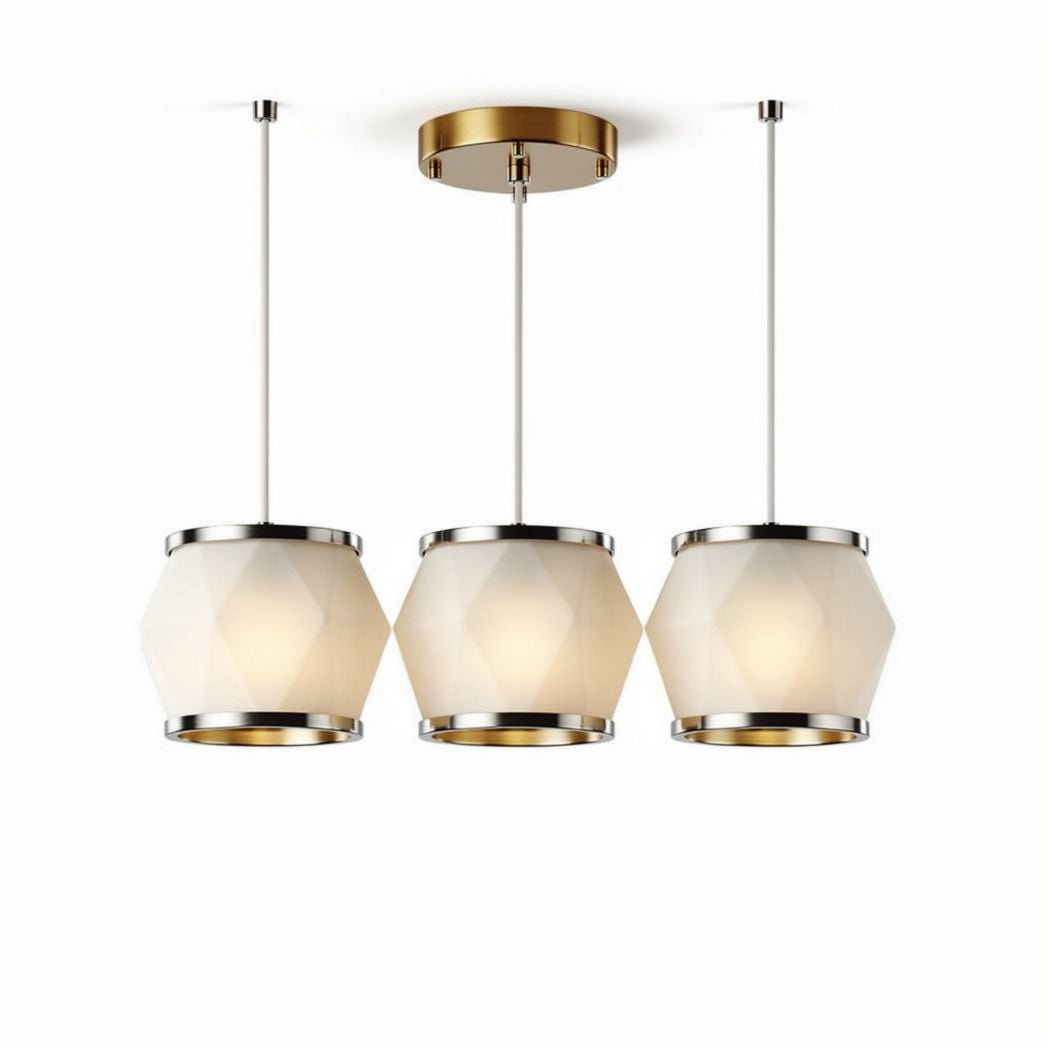 Hanglamp met drie glazen hexagonale kappen in wit en goud 30 x 30 x 20cm