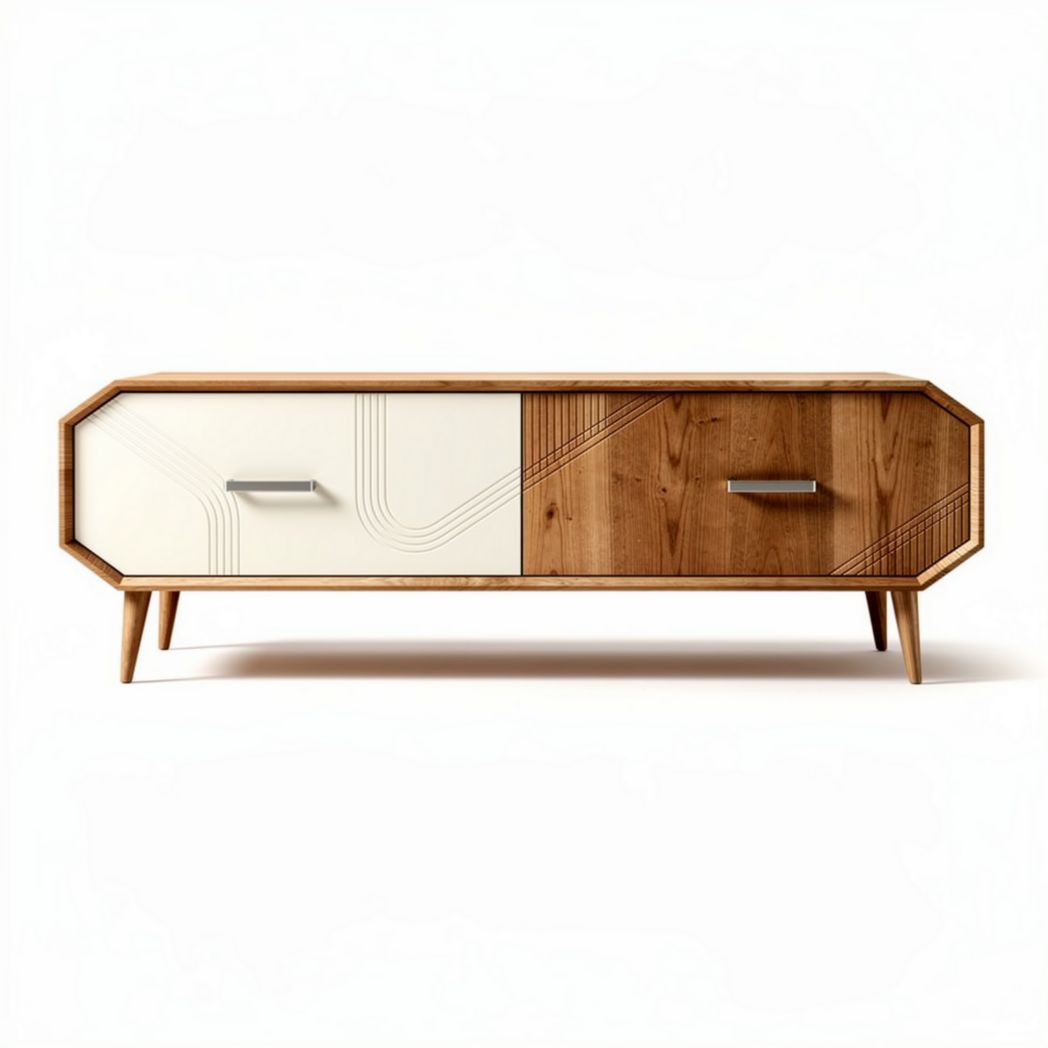 Houten tv-meubel met geïntegreerde ladekasten in naturel en wit 120 x 40 x 50cm