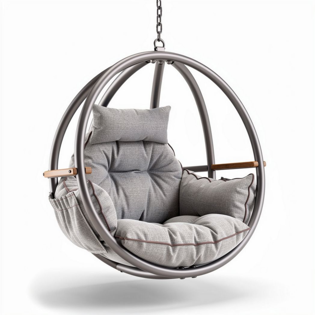 Hangstoel met grijze kussens en metalen frame 90 x 90 x 120 cm