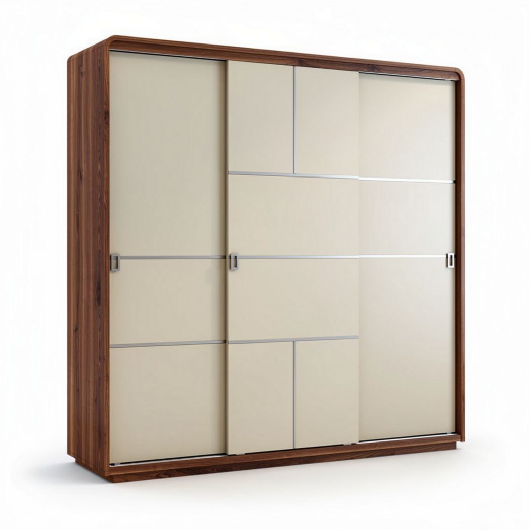 Kast met schuifdeuren in beige en houtafwerking van 200 x 200 x 50 cm
