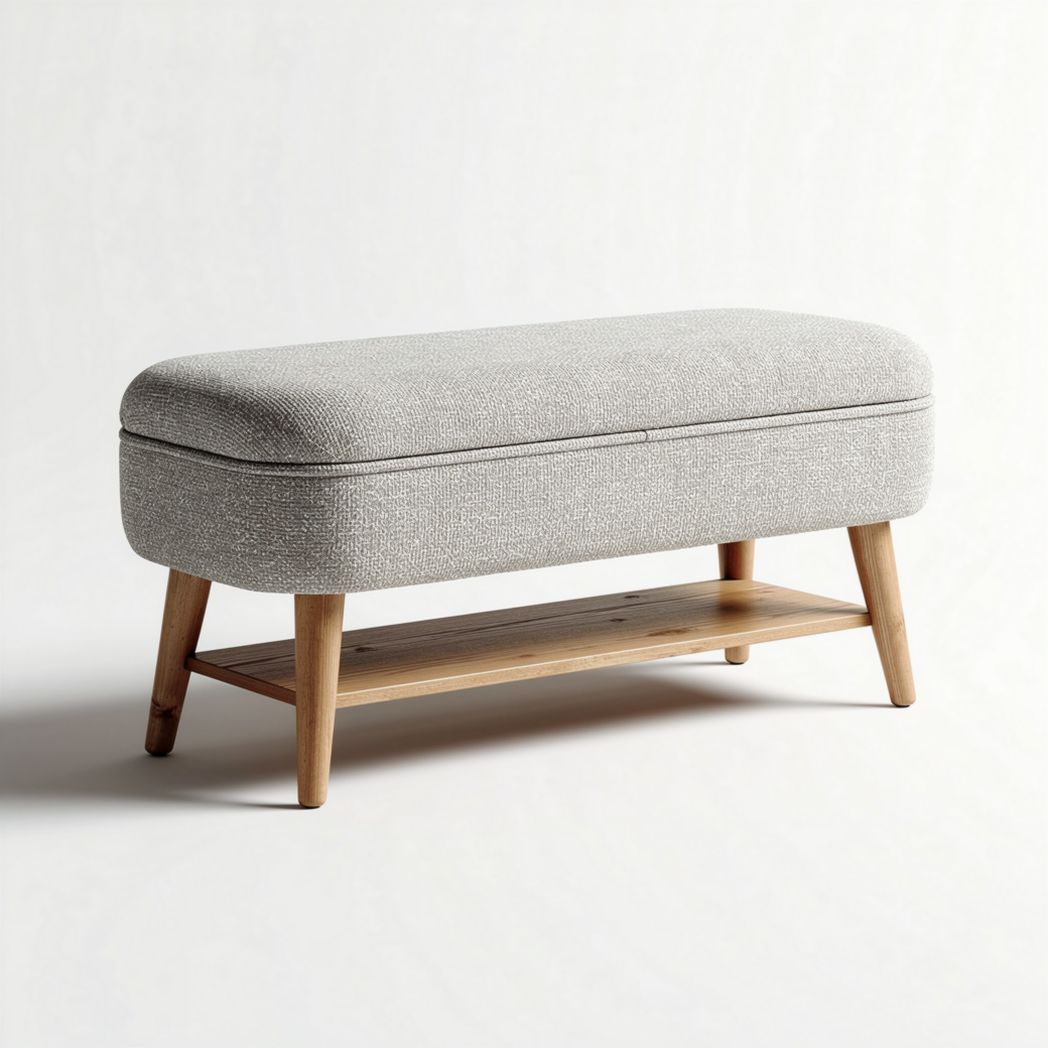 Houten poef met opbergruimte en stoffen bekleding 100 x 40 x 45cm